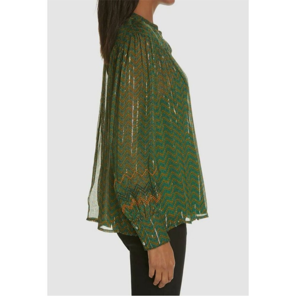 ba&sh Green Chevron Metallic-Thread Sheer Blouse - Picture 3 of 7